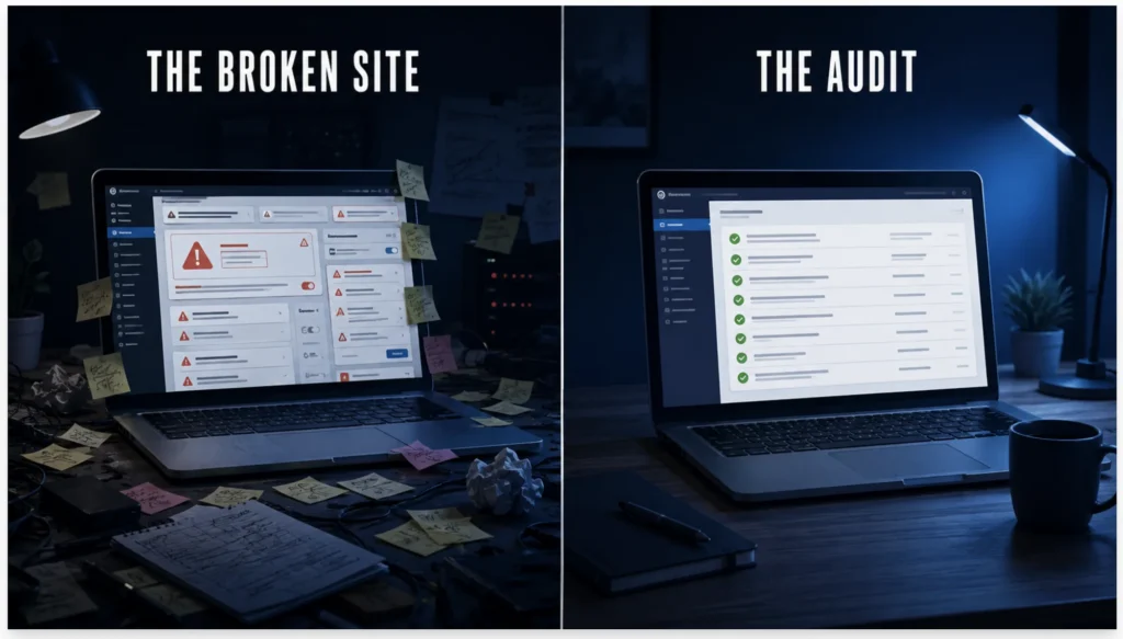 Split comparison of a cluttered, error-filled website dashboard next to a clean, fully checked audit report, illustrating an AI-run website audit and fix.