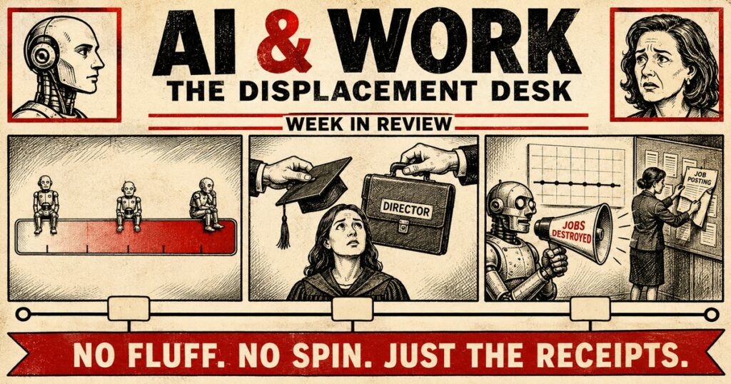 Vintage editorial-cartoon graphic titled "AI & Work: The Displacement Desk — Week in Review," showing three small robots seated along a red spectrum bar, a hand swapping a graduation cap for a briefcase labeled "Director" in front of a worried young woman, and a robot holding a bullhorn labeled "Jobs Destroyed" beside a woman pinning up a job posting; banner reads "No fluff. No spin. Just the receipts."