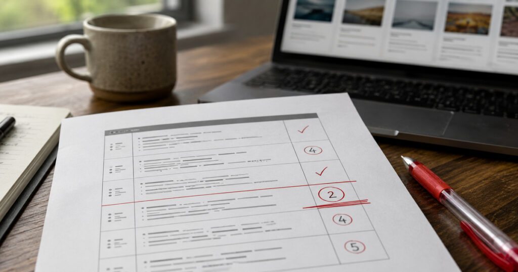 Printed five-row content scoring rubric sheet with hand-marked scores, used to grade AI-generated drafts before client review.