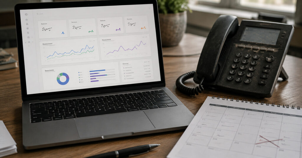 Laptop displaying a client analytics dashboard with charts and graphs, representing continuously available AI search visibility data.