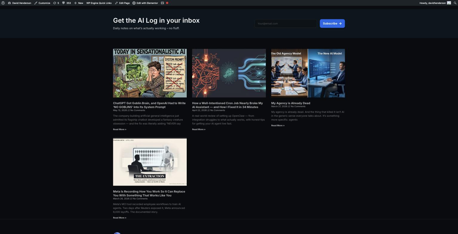 The AI Log page today, showing all four published posts as a real dynamic feed, including "My Agency is Already Dead" and the correctly-titled Meta post.