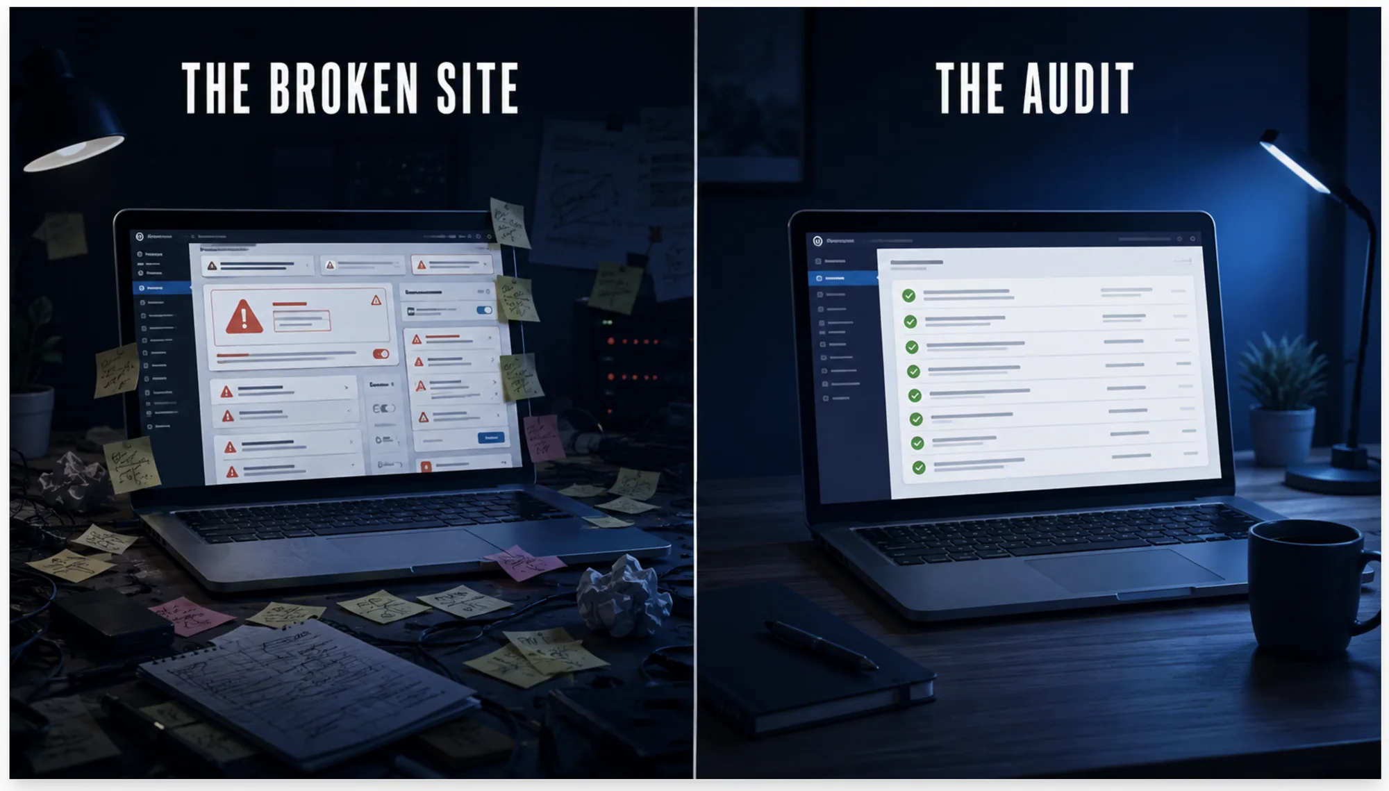 Split comparison of a cluttered, error-filled website dashboard next to a clean, fully checked audit report, illustrating an AI-run website audit and fix.