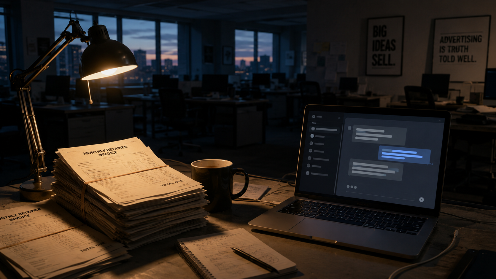 A dim, empty advertising-agency office at dusk, with one desk lamp still lit beside a stack of old monthly retainer invoices and a laptop showing a chat interface