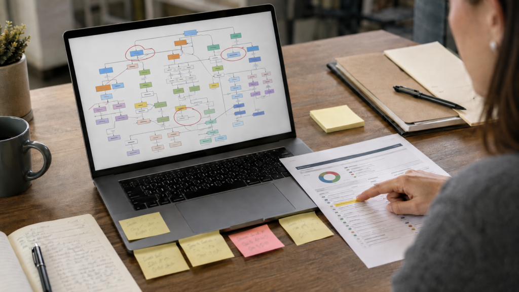 A laptop screen showing a colour-coded heading-hierarchy diagram with several nodes circled in red, next to a printed audit report with a highlighted section