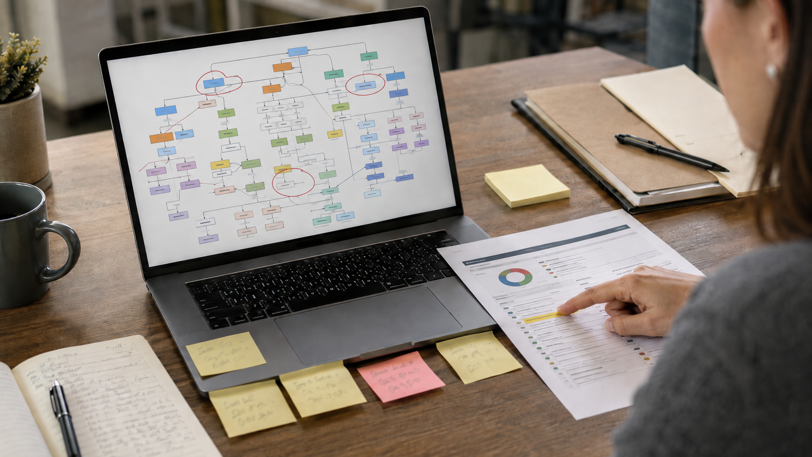 A laptop screen showing a colour-coded heading-hierarchy diagram with several nodes circled in red, next to a printed audit report with a highlighted section