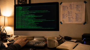 A 2012 iMac showing a dark terminal window, a hand on a mechanical keyboard, and a hand-drawn database schema diagram taped to the wall behind it