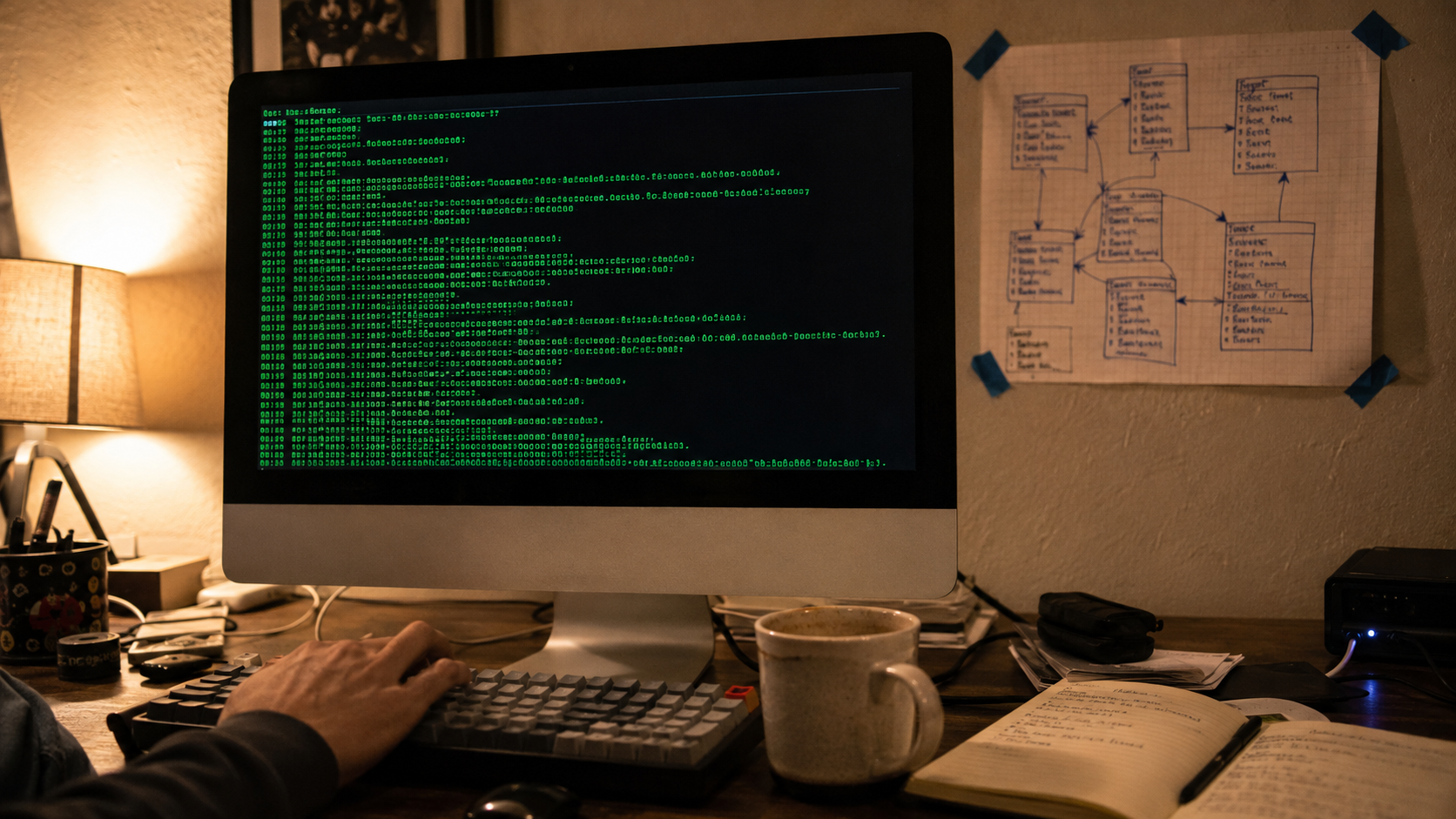 A 2012 iMac showing a dark terminal window, a hand on a mechanical keyboard, and a hand-drawn database schema diagram taped to the wall behind it