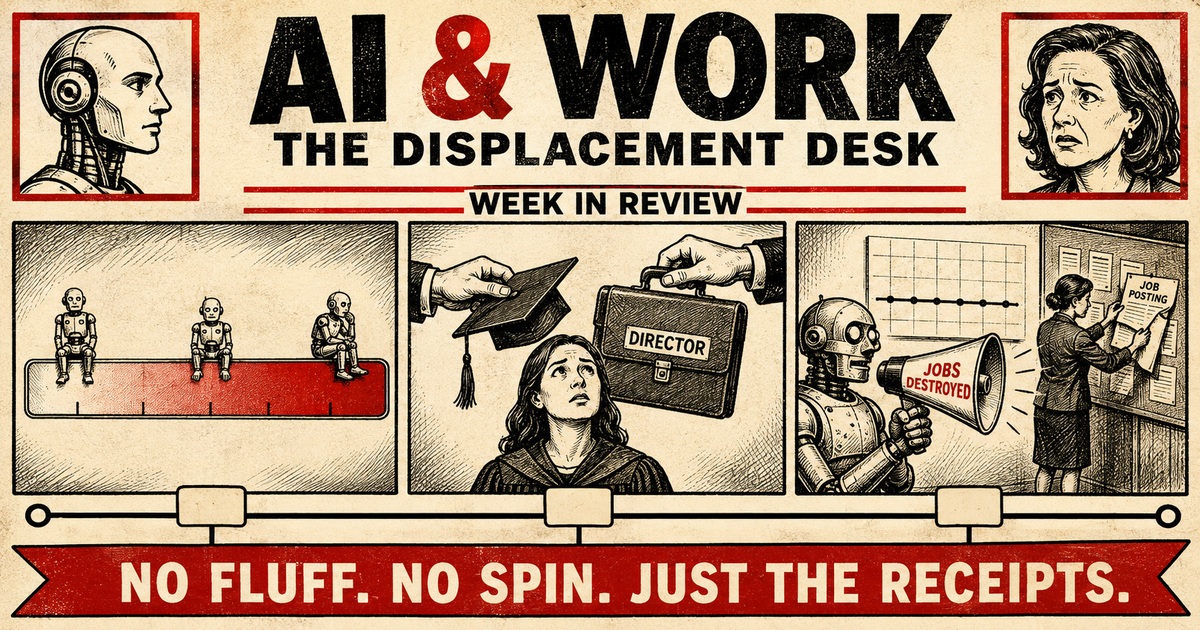 Vintage editorial-cartoon graphic titled "AI & Work: The Displacement Desk — Week in Review," showing three small robots seated along a red spectrum bar, a hand swapping a graduation cap for a briefcase labeled "Director" in front of a worried young woman, and a robot holding a bullhorn labeled "Jobs Destroyed" beside a woman pinning up a job posting; banner reads "No fluff. No spin. Just the receipts."