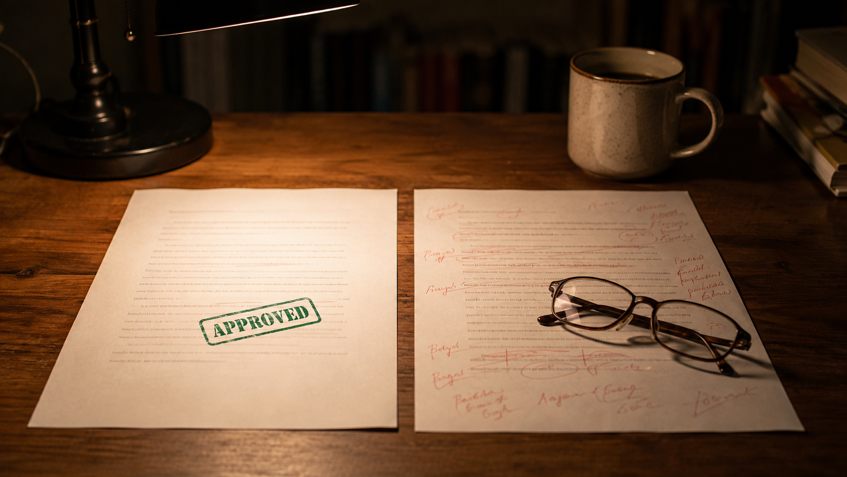 Two printed page proofs side by side, one stamped APPROVED in green, the other covered in red-pen craft edits