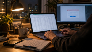 Home office desk at night with a laptop showing a spreadsheet of franchise data next to a second monitor displaying a security login warning, alongside a notebook, phone, and coffee mug