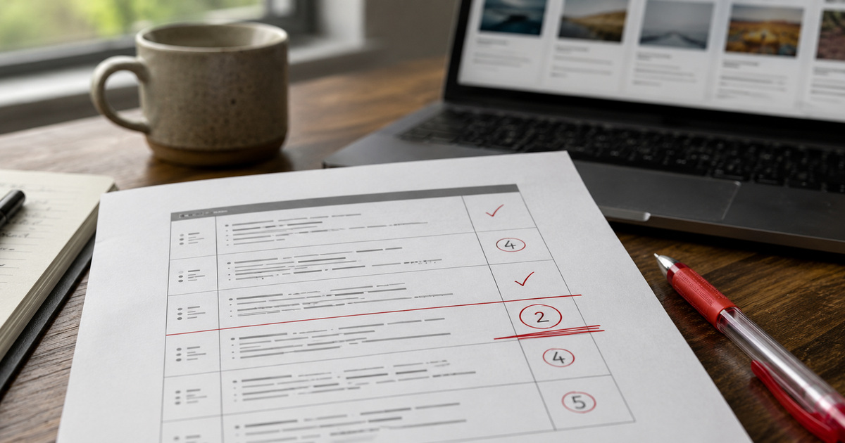 Printed five-row content scoring rubric sheet with hand-marked scores, used to grade AI-generated drafts before client review.