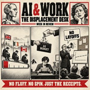 Vintage editorial-cartoon style "AI & Work: The Displacement Desk" poster showing graduates in caps and gowns from the UK, Ireland, and Canada balanced on a seesaw battery gauge, a hand pouring coins from an AI budget envelope into a briefcase while a young worker reads a letter at a desk, and an executive shouting "No layoffs" through a megaphone at a boardroom presentation, under the tagline "No fluff. No spin. Just the receipts."