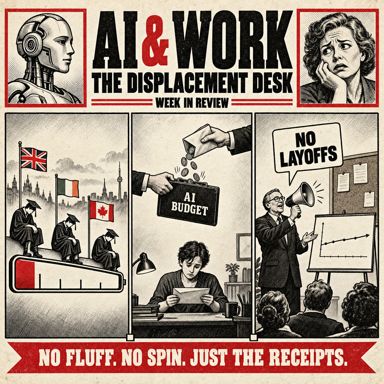 Vintage editorial-cartoon style "AI & Work: The Displacement Desk" poster showing graduates in caps and gowns from the UK, Ireland, and Canada balanced on a seesaw battery gauge, a hand pouring coins from an AI budget envelope into a briefcase while a young worker reads a letter at a desk, and an executive shouting "No layoffs" through a megaphone at a boardroom presentation, under the tagline "No fluff. No spin. Just the receipts."