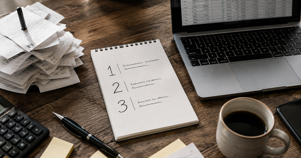 Small business desk with a handwritten notepad showing steps 1, 2 and 3 beside receipts, a laptop spreadsheet and a coffee cup.