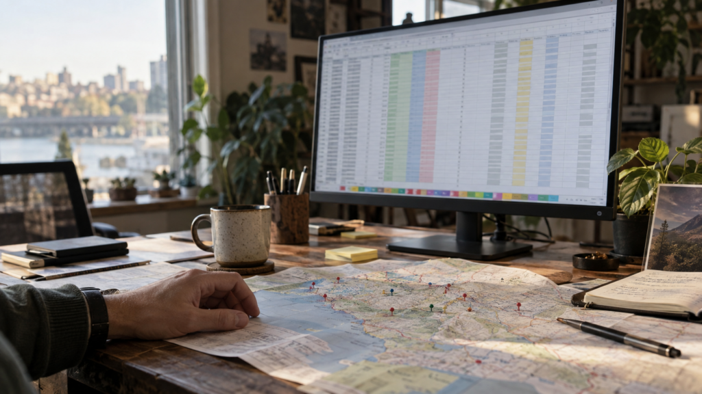 A desk with a monitor displaying a colour-coded multi-location spreadsheet, a coffee mug, and a printed regional map marked with location pins, illustrating multi-location reporting architecture.