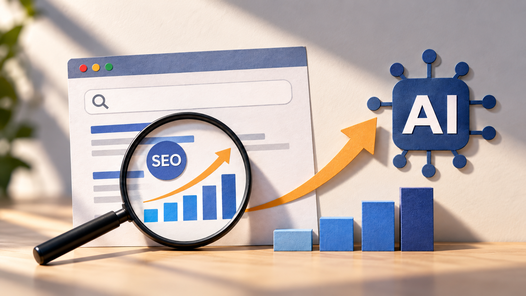 Magnifying glass highlighting SEO analytics growing into an AI processor, representing the shift from SEO retainers to AI consulting for agencies