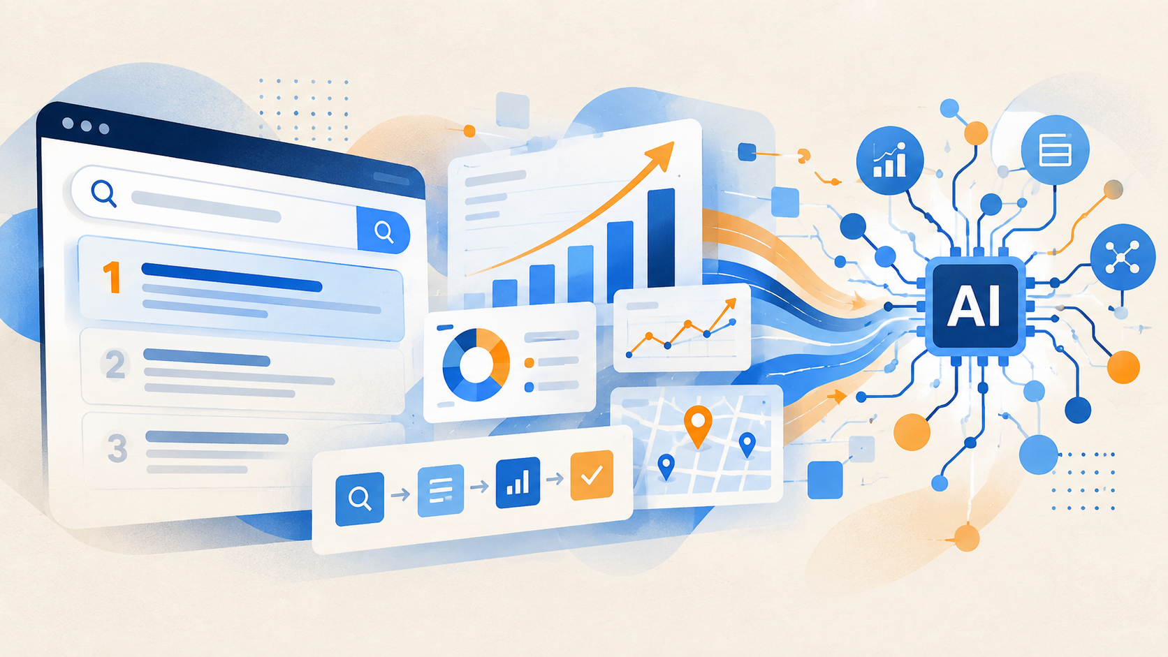 A magnifying glass highlighting SEO analytics growing into an AI network, representing the shift from SEO to AI consulting